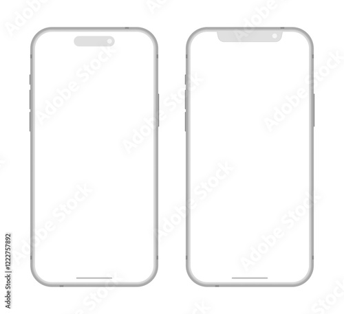 iPhone 15 16 Pro Max grey smartphone device mockup template vector illustration. Set of two mobile phone clay devices with blank white display