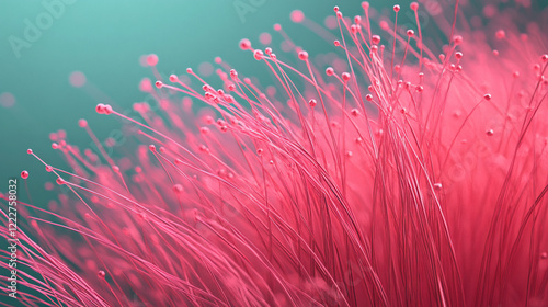 Vibrant close-up of pink fiber-like structures against a soft teal background, showcasing intricate details