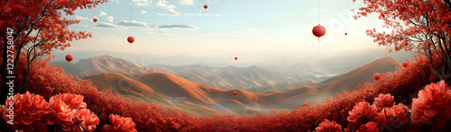 Red lanterns float above autumnal mountain photo