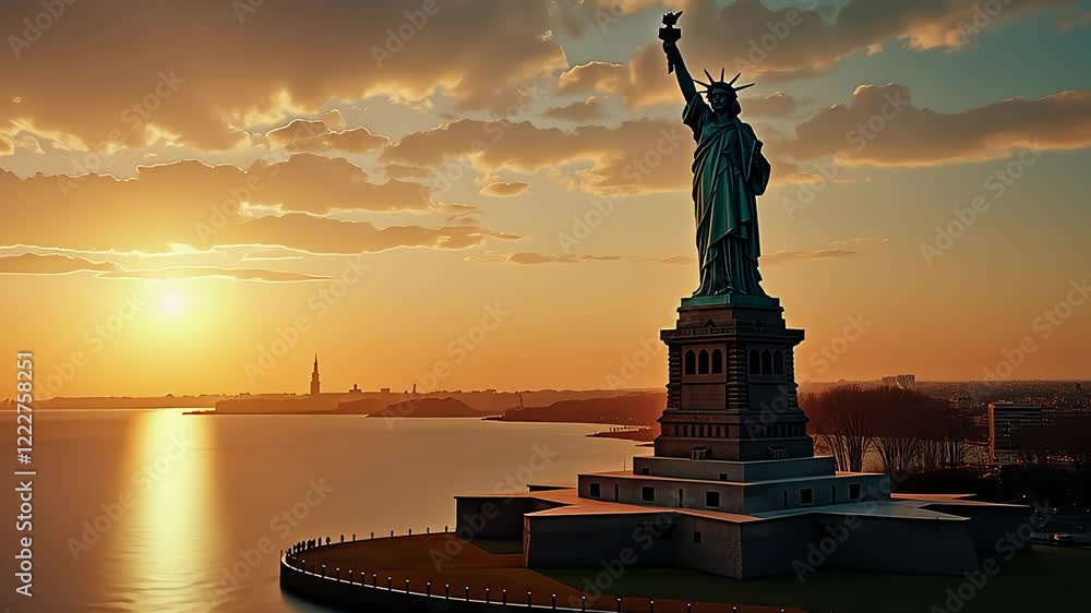 Breathtaking sunset behind statue of liberty overlooking tranquil waters. Military service honor. Breathtaking sunset behind statue of liberty overlooking tranquil waters. Military service honor.