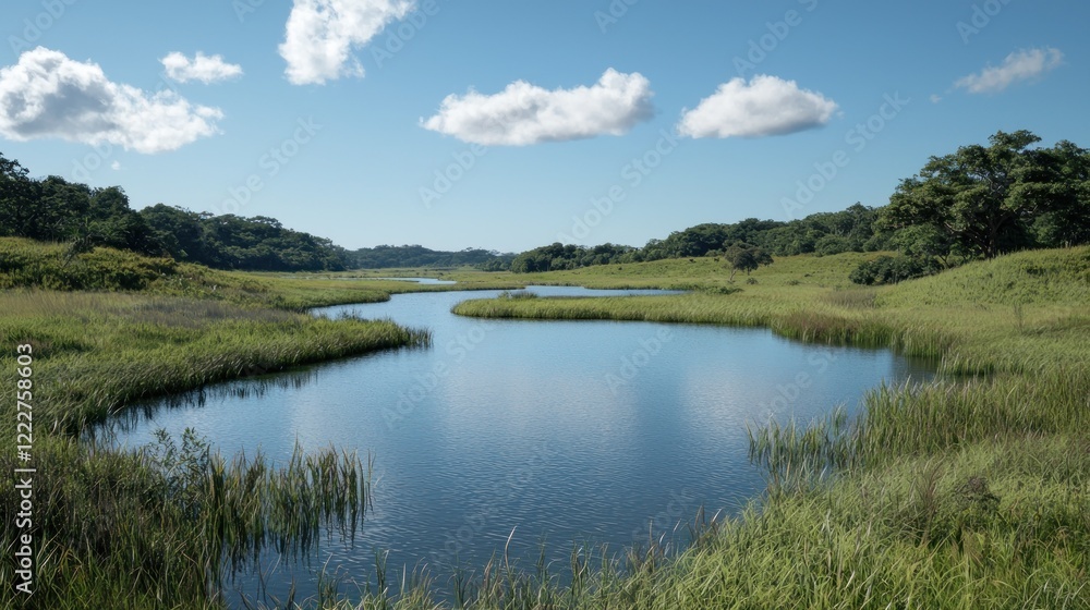Serene river meanders through prairie, summer sky Serene river meanders through prairie, summer sky