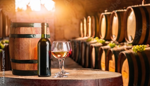 Wine tasting in cellar with wooden barrels and glasses displaying wine selection photo