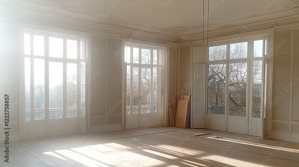 Fototapeta premium Spacious Empty Room With Large Windows, Natural Light, Renovation Potential, and Wooden Floors