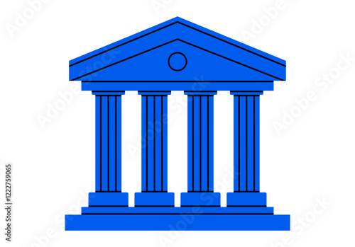 Hand drawn cute cartoon illustration of courthouse. Flat vector court building doodle. Facade with column icon or print. Justice and law concept. Control and order. Government legislation. Isolated.