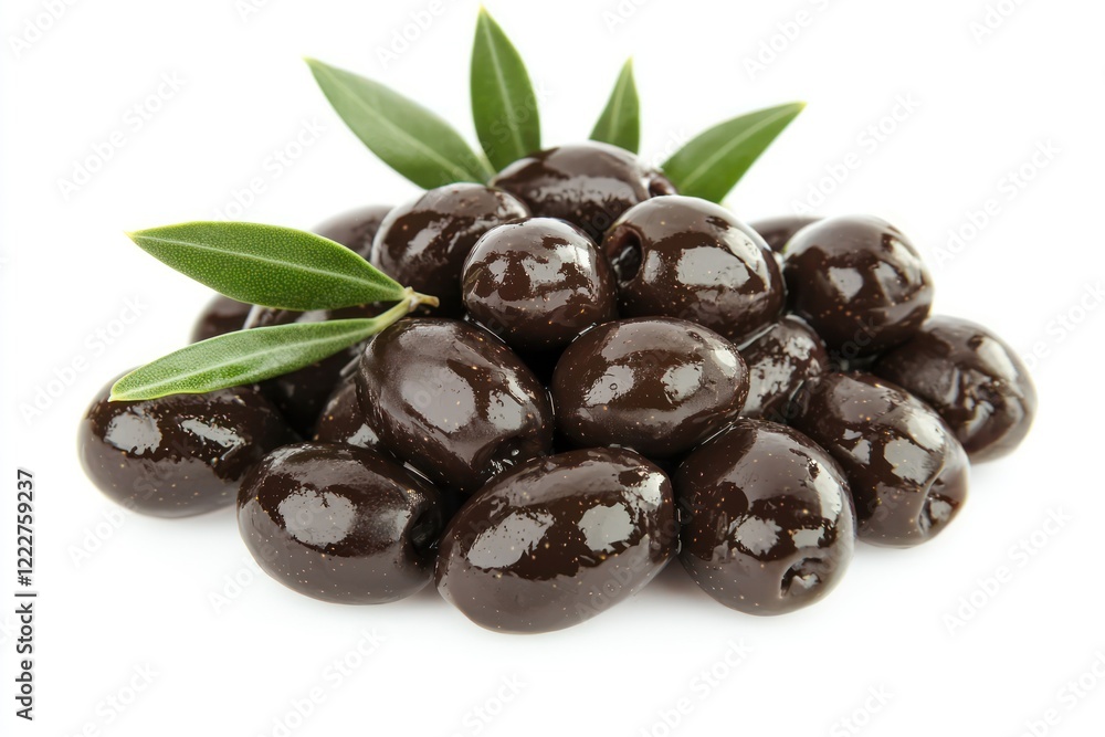 A pile of glossy black olives with green leaves, showcasing a healthy food option. A pile of glossy black olives with green leaves, showcasing a healthy food option.
