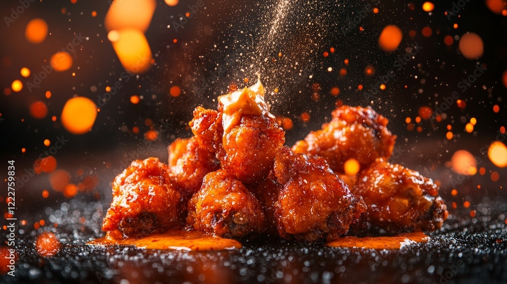 A close-up of spicy chicken wings garnished with sauce and spices, showcasing delicious food. A close-up of spicy chicken wings garnished with sauce and spices, showcasing delicious food.