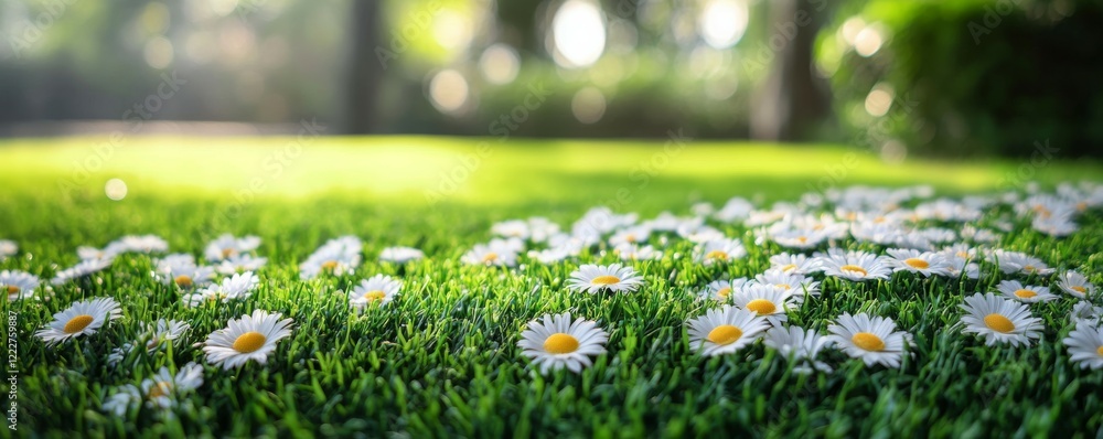 Fototapeta premium Fresh artificial grass adorned with vibrant daisies in a serene outdoor space