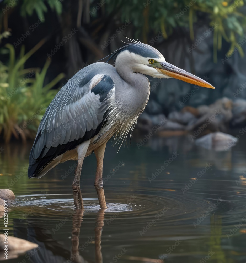 Fototapeta premium Grey heron wading through shallow water with a large fish caught, heron, fishing