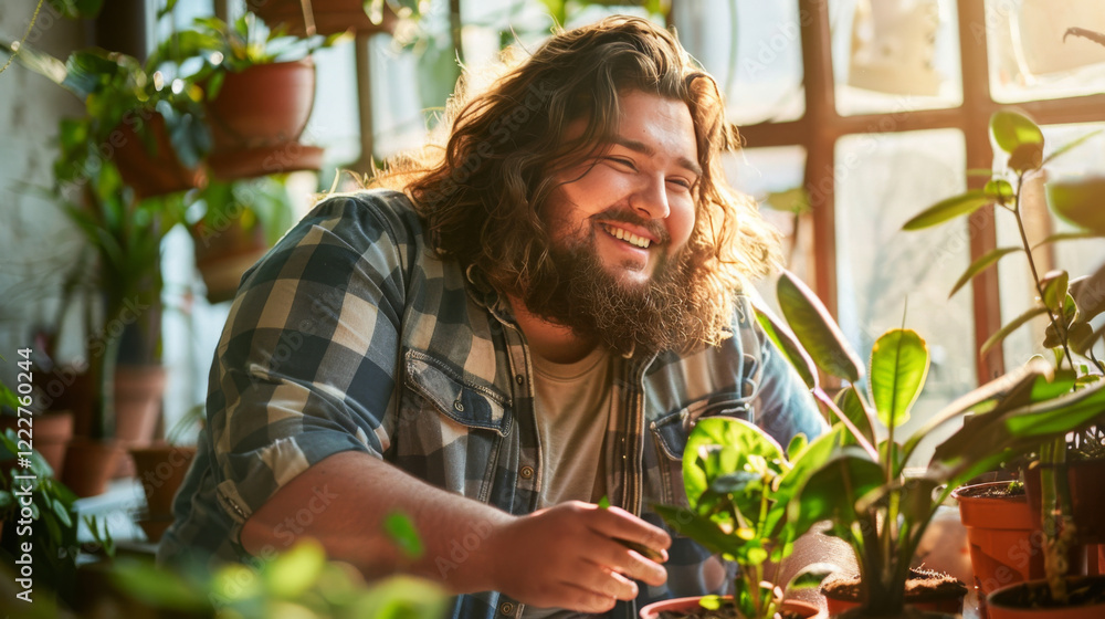 Obraz premium Man with a beard is smiling while tending to a plant