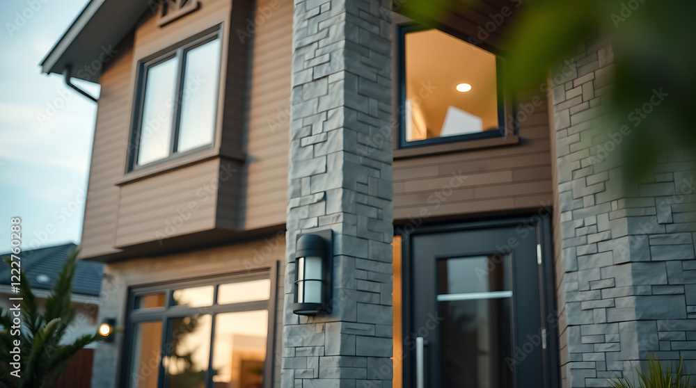 Modern House Exterior: Luxury Home Design and Architecture. Brick and Stone Facade, Evening Lighting Modern House Exterior: Luxury Home Design and Architecture. Brick and Stone Facade, Evening Lighting