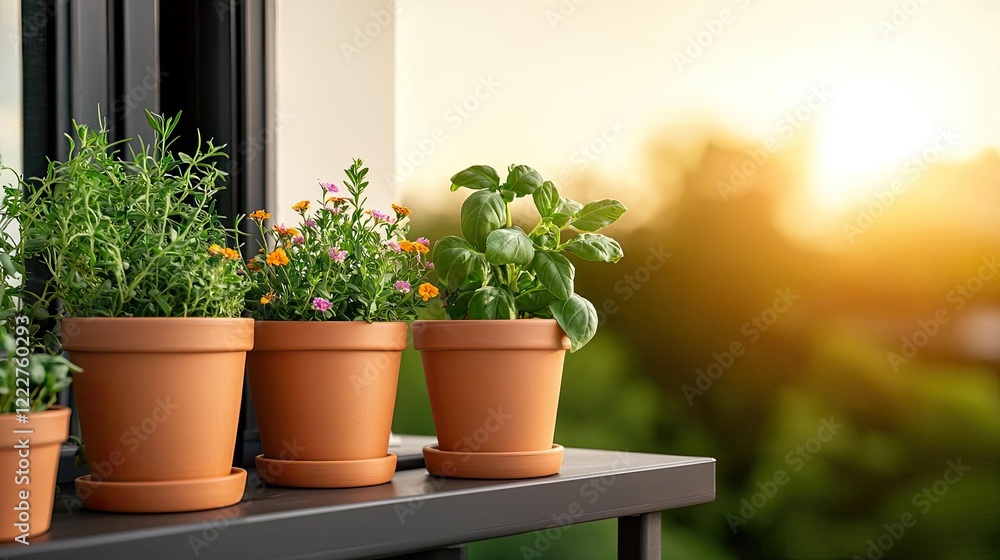 Fototapeta premium Indoor gardening idea. Potted plants on a balcony basking in golden sunlight during sunset.