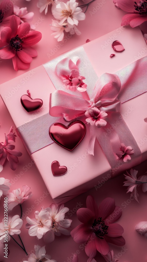 Luxurious pink and red gift wrap with heart-shaped tags, tied with satin ribbons and displayed with scattered flowers Luxurious pink and red gift wrap with heart-shaped tags, tied with satin ribbons and displayed with scattered flowers