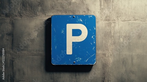 Blue Parking Sign on Grungy Wall with Worn Text and Textures