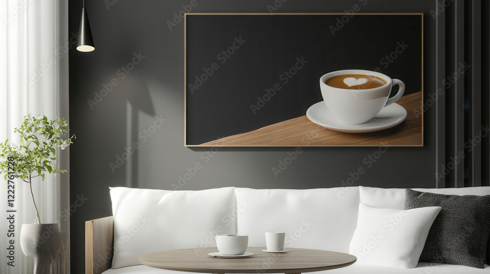 Obraz premium Coffee Break Minimalism: A solitary white coffee cup, adorned with delicate heart-shaped latte art, sits on a wooden table against a minimalist black backdrop, evoking a sense of serenity and warmth.