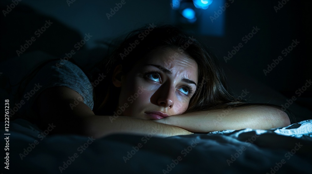 Person lying in bed at night, staring at ceiling with tired expression, sleep disorder and restlessness;Person lying in bed with troubled expression, eyes closed, surrounded by soft pillows Person lying in bed at night, staring at ceiling with tired expression, sleep disorder and restlessness;Person lying in bed with troubled expression, eyes closed, surrounded by soft pillows