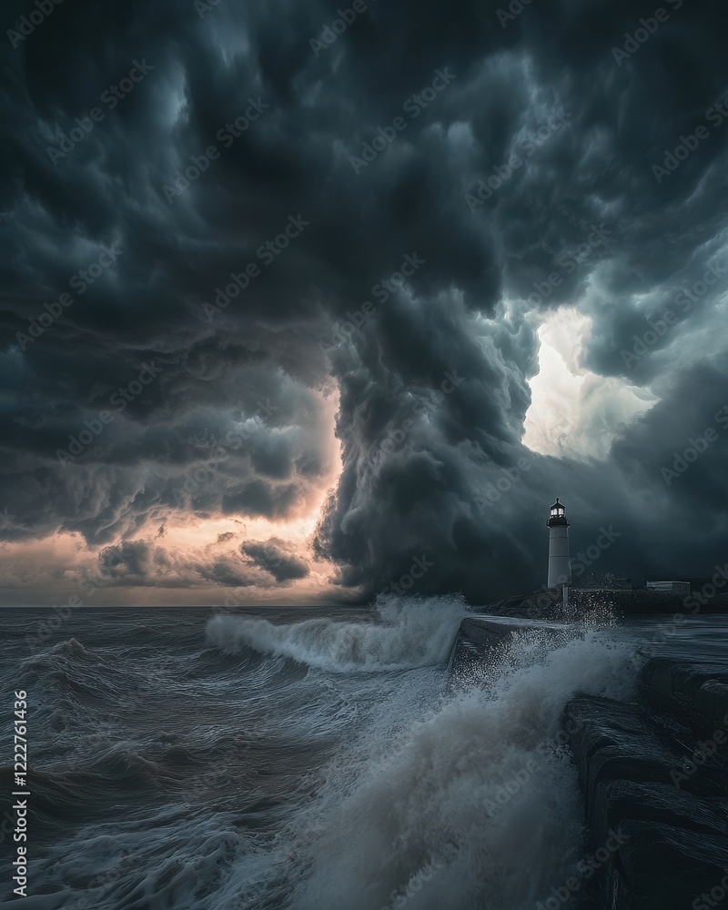 Fototapeta premium A dramatic shot of storm clouds hovering over a lighthouse by the sea