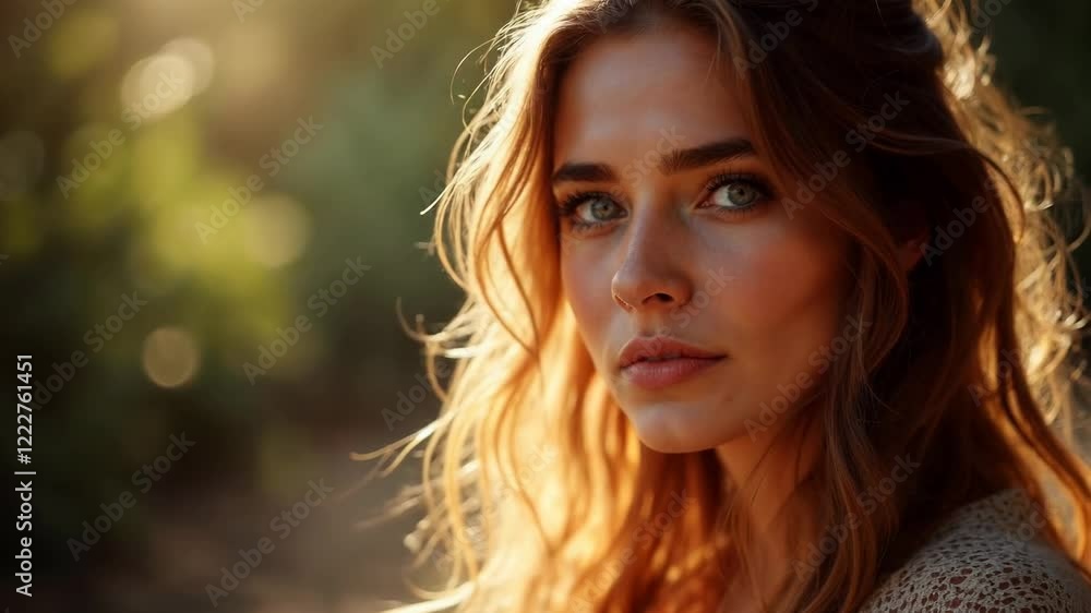 Portrait of a woman, close up view, natural light, with warm color tones for social media background Portrait of a woman, close up view, natural light, with warm color tones for social media background
