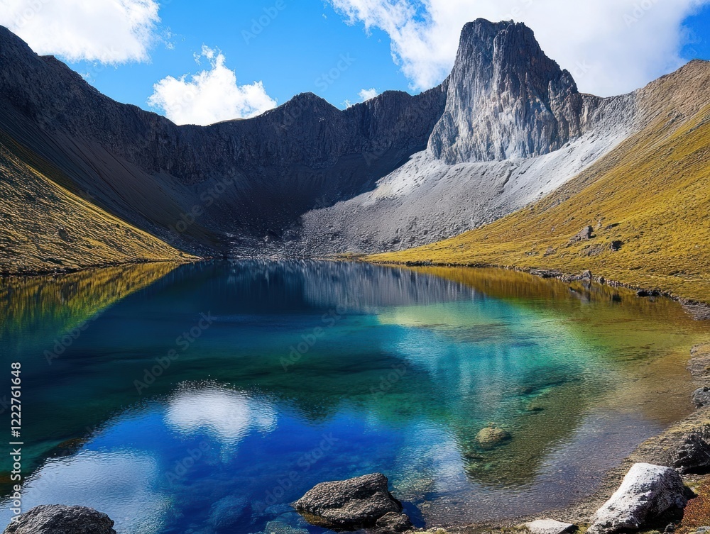 Fototapeta premium Majestic Mountain Lake with crystal clear water reflecting blue skies and clouds