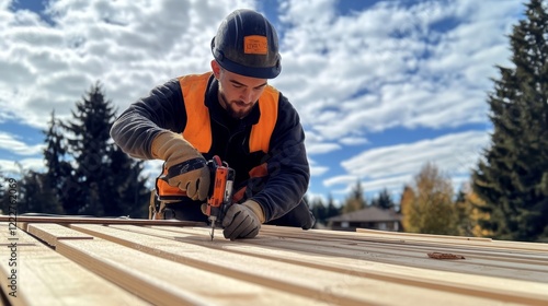 Construction Worker Assembling Wooden Framing photo