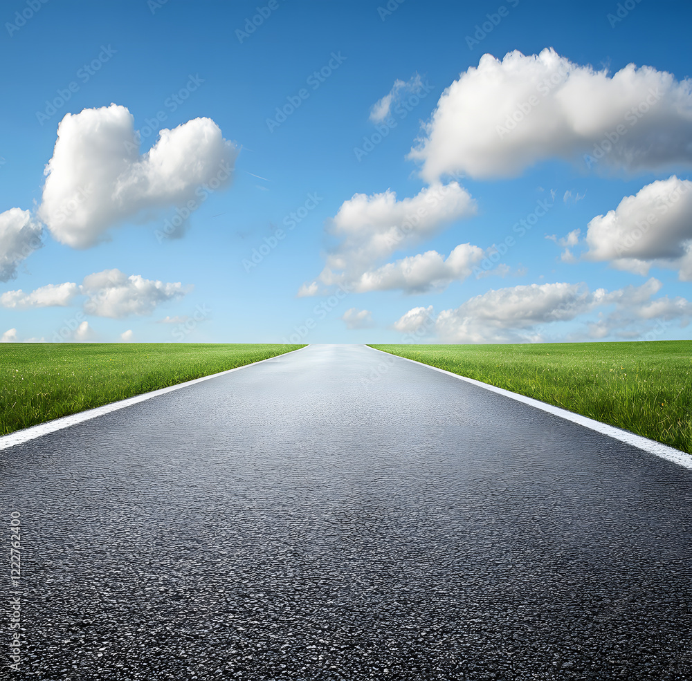 Scenic Open Road Through Green Fields Under a Vibrant Blue Sky Scenic Open Road Through Green Fields Under a Vibrant Blue Sky