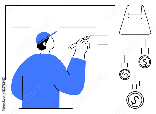 Person in blue clothes writing on whiteboard, depicted with falling coins and shopping bag icon. Ideal for financial education, teaching, savings, investment, shopping, budget planning, economics