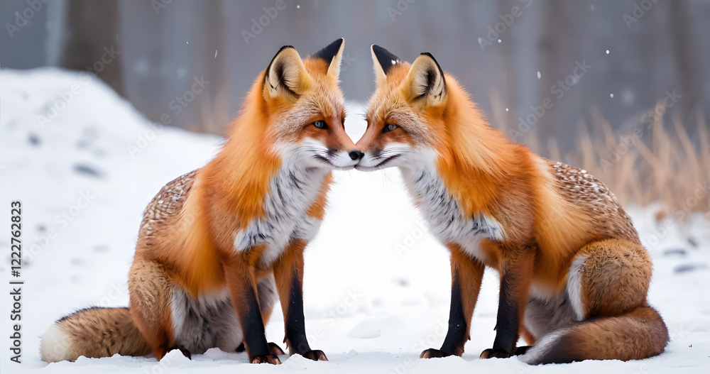 Fototapeta premium Two playful red foxes in snowy landscape, affectionate interaction, winter wildlife moment