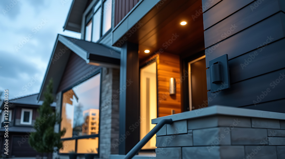 Modern House Exterior at Dusk: Luxury Home Design and Architecture. Real Estate Photography Modern House Exterior at Dusk: Luxury Home Design and Architecture. Real Estate Photography