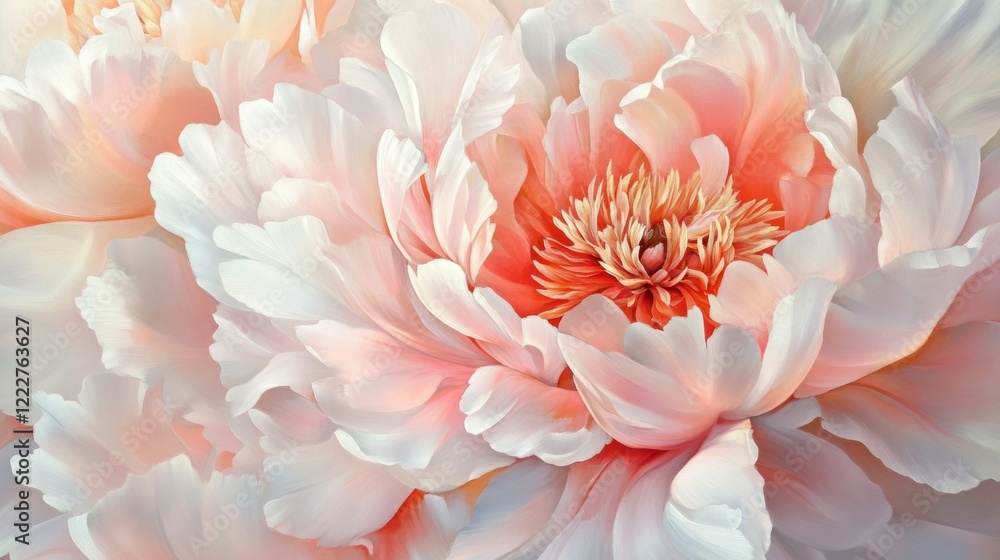 A lush peony bloom in full color, showcasing layers of soft petals, isolated on a seamless white background, A lush peony bloom in full color, showcasing layers of soft petals, isolated on a seamless white background,