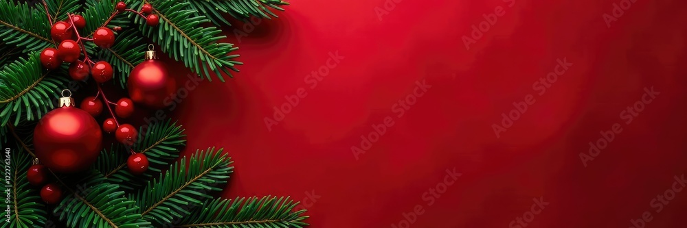 Evergreen branches with Christmas red decorations and berries in a dark red background, festive, colorfully Evergreen branches with Christmas red decorations and berries in a dark red background, festive, colorfully