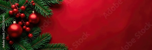 Evergreen branches with Christmas red decorations and berries in a dark red background, festive, colorfully photo