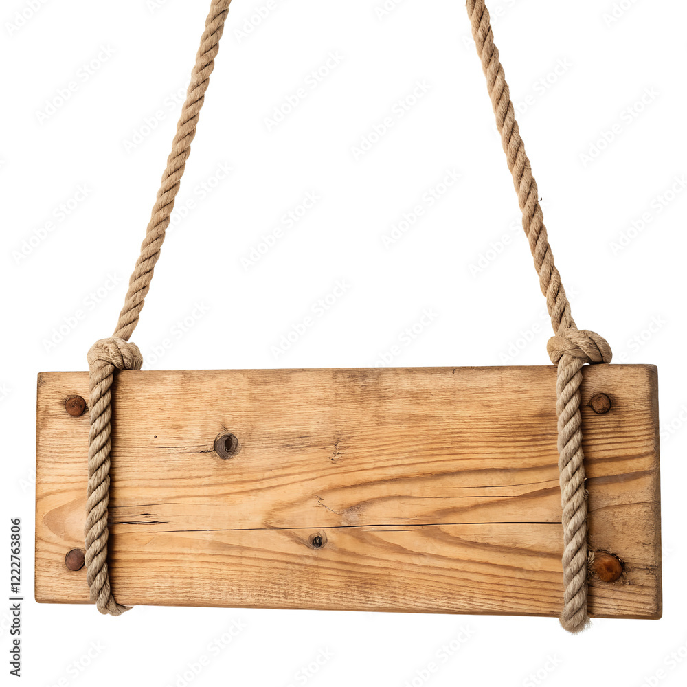 Wooden sign hanging on a rope on white background
Wooden sign hanging on a rope on white background