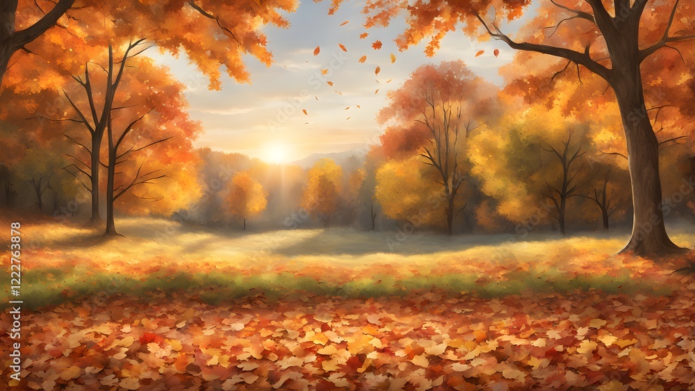 Fototapeta premium Magical autumn sunset landscape with golden trees and a carpet of fallen leaves.