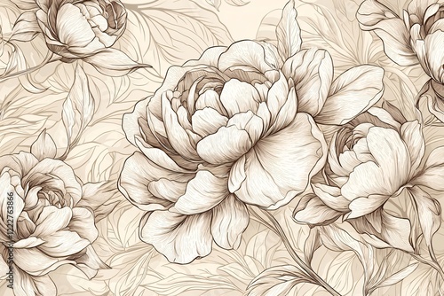 Wallpaper Mural Elegant floral pattern featuring intricately drawn peonies on a soft beige background, ideal for textiles Torontodigital.ca