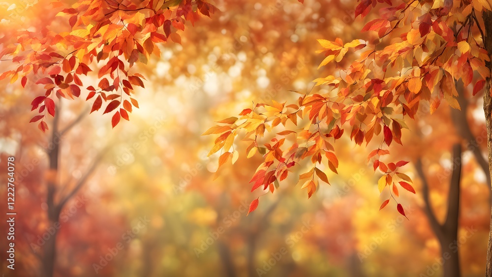 Vibrant orange and red autumn leaves on branches against a softly blurred background of fall foliage. Vibrant orange and red autumn leaves on branches against a softly blurred background of fall foliage.