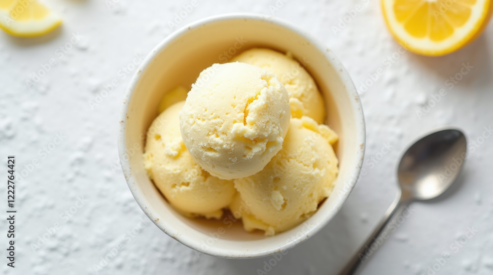 Yellow Lemon Citrus Flavor Ice Cream Scoops in Bowl, Refreshing Summer Dessert Taste Yellow Lemon Citrus Flavor Ice Cream Scoops in Bowl, Refreshing Summer Dessert Taste