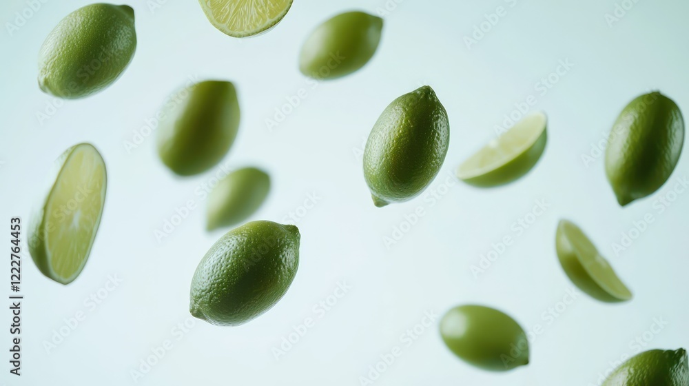 Floating limes with some cut in half, showcasing fresh fruit in a vibrant setting. Floating limes with some cut in half, showcasing fresh fruit in a vibrant setting.