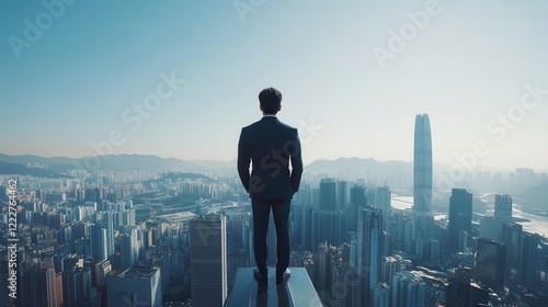 A man in a suit stands on the edge of a skyscraper overlooking a sprawling cityscape with towering buildings and a clear blue sky.