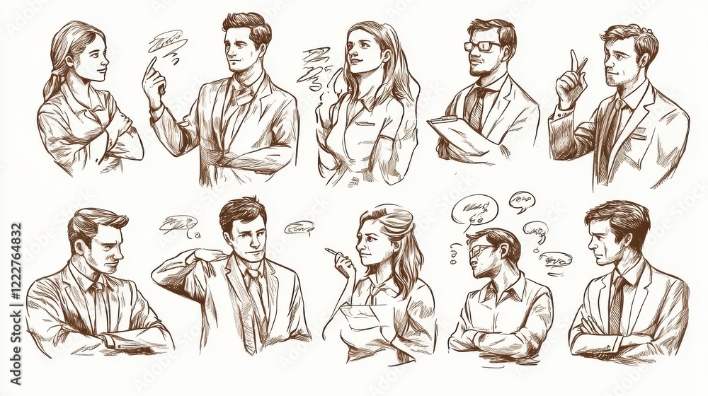 Linear vector illustration set of business people in work process. Men and women thinking about problem solution, showing a plan, pointing, explaining the presentation, searching for strategic data. Linear vector illustration set of business people in work process. Men and women thinking about problem solution, showing a plan, pointing, explaining the presentation, searching for strategic data.