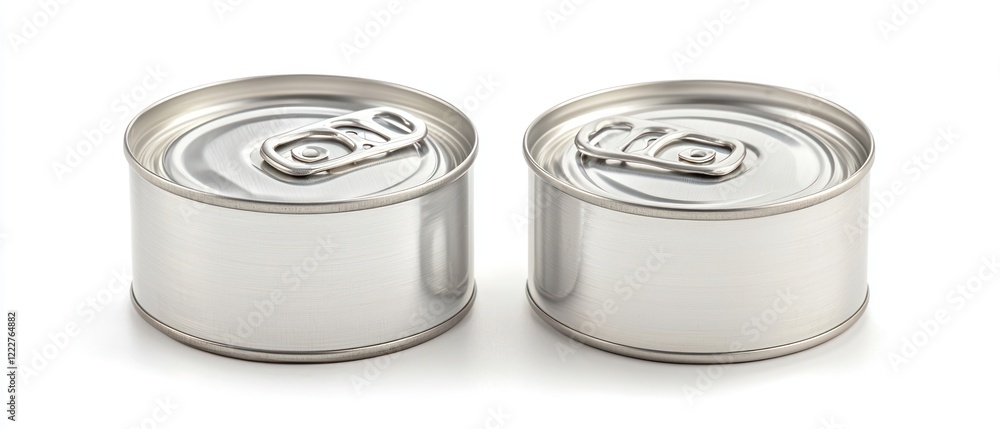 Two identical metal cans with pull-tab lids, reflecting light. Two identical metal cans with pull-tab lids, reflecting light.