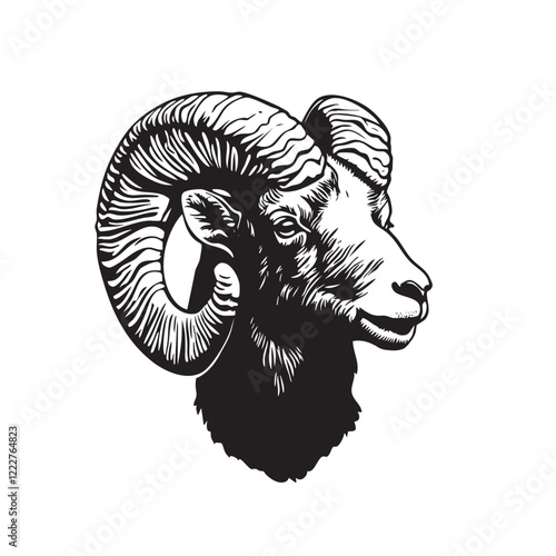 Vector of bighorn ram head with impressive horns, rendered in a classic black and white woodcut style. Perfect for branding, logos, and nature-themed designs. Wildlife Animals.