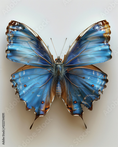 Stunning Long-tailed Blue Butterfly displays vivid colors in photorealistic detail against a white background photo