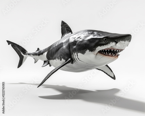 Photorealistic full body rendering of a shark swimming in daylight against a white background photo