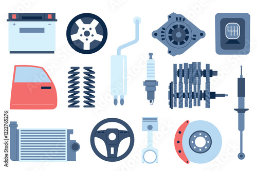 Auto spare parts flat. Isolated mechanical repaire elements for cars. Automotive spares, cars assembly equipment and components, recent vector set