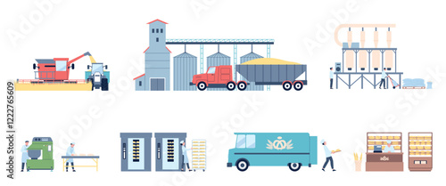 Bakery production factory. Workers and bakers on baking manufacture, cropping wheat and grinding flour. Agriculture industry, food industrial, recent vector scenes