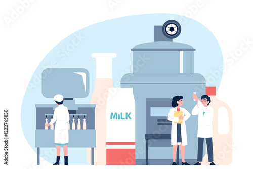 Dairy products factory. Milk tasting, scientist or factory worker production dairies. Process of packaging, pasteurization recent vector scene