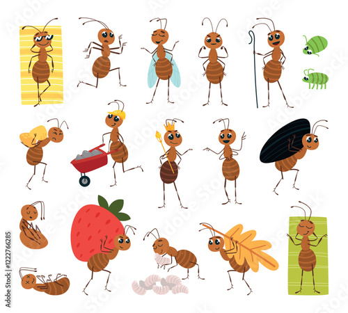 Cute cartoon ant. Funny ants working, communication, rest and nursing for larvae. Insects activity in various poses, forest flora and fauna classy vector characters