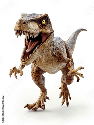 Fototapeta Naklejka Na Ścianę i Meble -  Playful dinosaur running, white background, children's book illustration