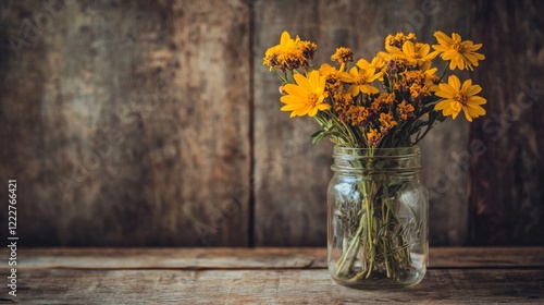 Wallpaper Mural Fresh Wildflowers in a Rustic Jar on a Wooden Table Background Torontodigital.ca