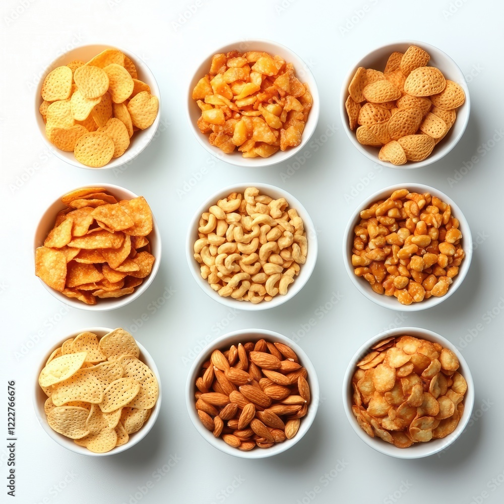 Assorted snacks in bowls, overhead view, white background; perfect for food blogs Assorted snacks in bowls, overhead view, white background; perfect for food blogs