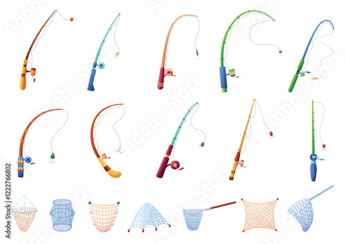 Fishing nets. Fish catching equipment for commercial and personal fishing. Fisherman tools for angling in lake ponds river, nowaday vector set